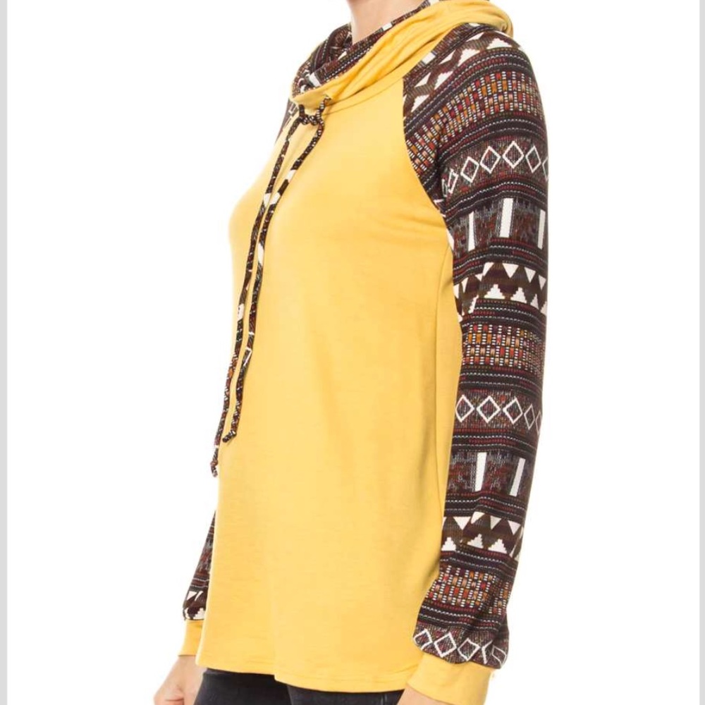 Mustard Aztec Print Long Sleeve Cowl Neck - Picture 3 of 5